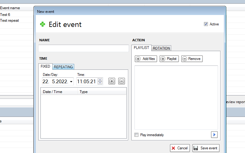 Add event with fixed terms (like commercials, shows etc.)